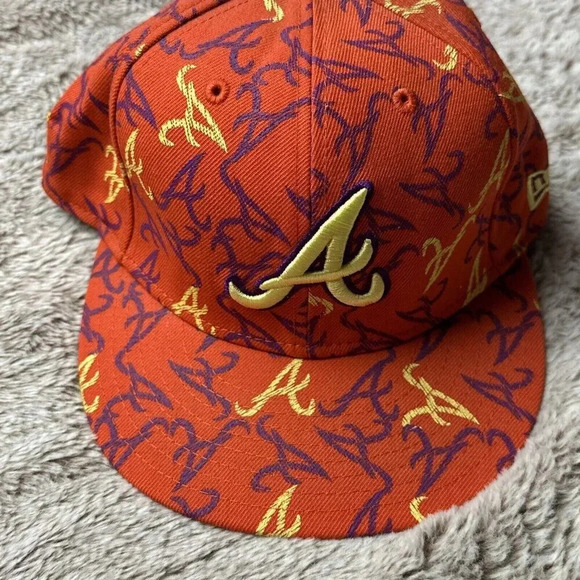 Atlanta Braves Hat New Era 59Fifty All Over Print Baseball Cap Orange 7 3/8 New - Picture 15 of 16